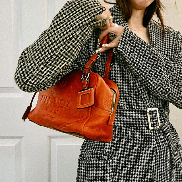 Prada Logo Embossed Shoulder Bag Terracotta in Leather from VINTAGE QOO TOKYO