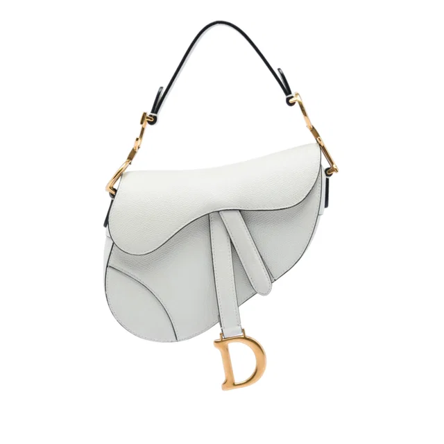 White Dior Mini Grained Calfskin Saddle Bag Satchel in White Caviar leather from Designer Revival