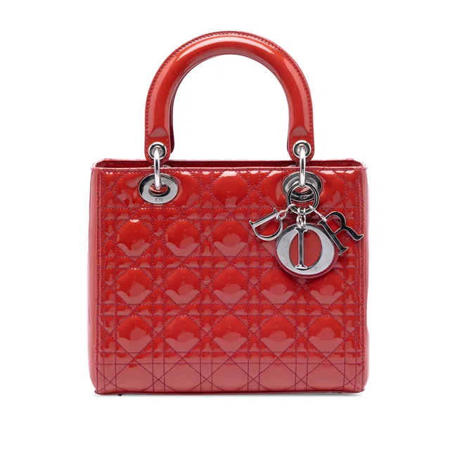 Red Dior Medium Patent Cannage Lady Dior Satchel in Red Patent leather from Designer Revival