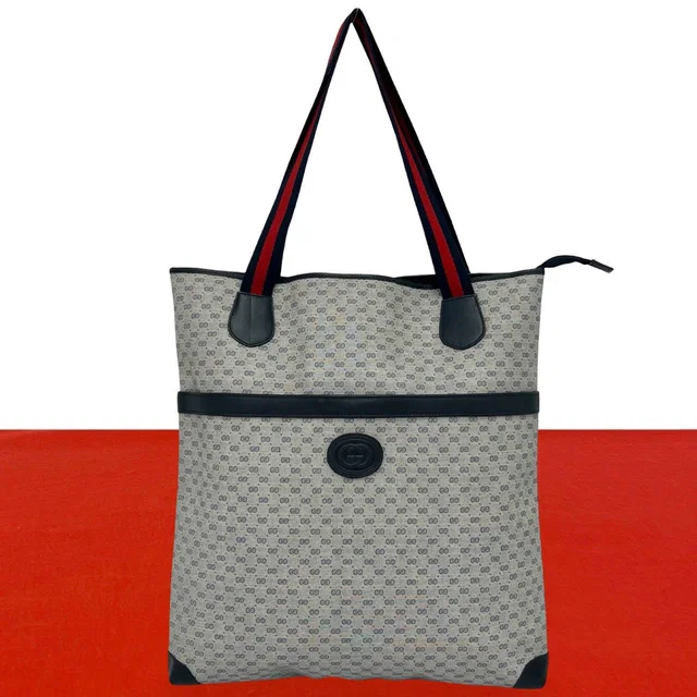 Gucci Vintage Sherry Line Micro GG Logo Leather Tote Shoulder Bag Navy in Navy Leather from The Reluxe