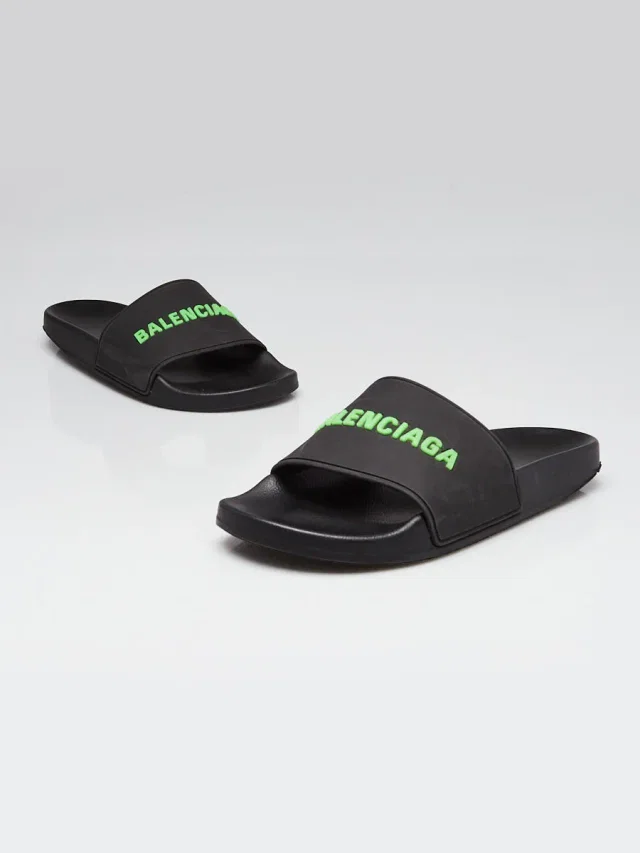 Balenciaga Black/Green Rubber Pool Slides Size 8.5/39 in Black from Yoogis