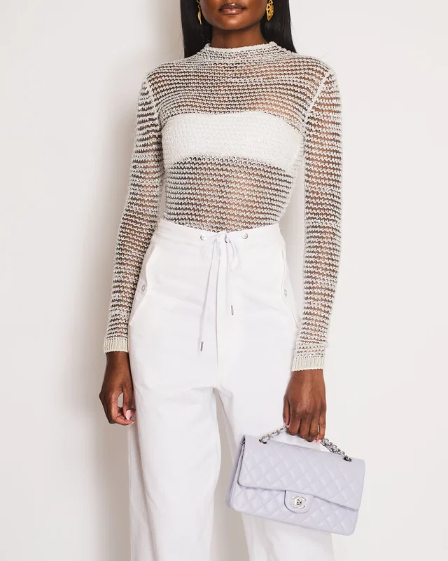 Balmain Silver Cable Knit Embellished Long Sleeve Top Size FR 36 (UK 8) in Silver from Sellier