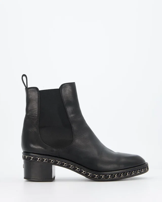 Chanel Black Chelsea Boot with Chain Trim Detail Size EU 41.5C in Black Leather from Sellier