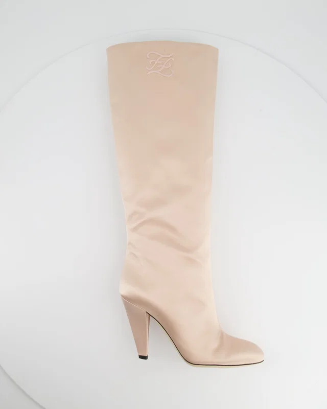 Fendi Blush Pink Satin Knee High Boots with Embroidered FF Logo Size EU 39 in Pink Satin from Sellier