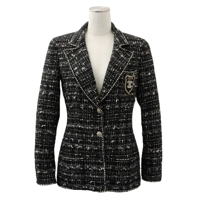 Chanel 2005 Tweed CC Mark Emblem Patch Jacket #38 Black in Black Tweed from VINTAGE QOO TOKYO