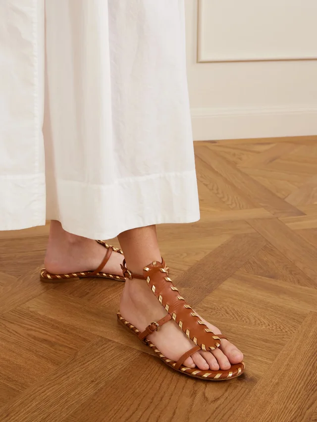 GIANVITO ROSSI Whipstitched metallic leather-trimmed leather sandals in Beige, photo 2 of 2 from NET-A-PORTER (Canada)