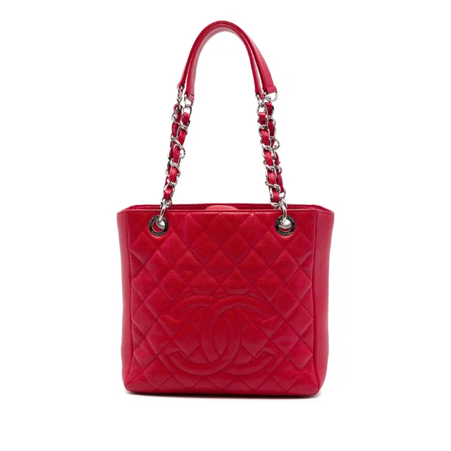 Red Chanel Caviar Petite Shopping Tote in Red Caviar leather from Designer Revival