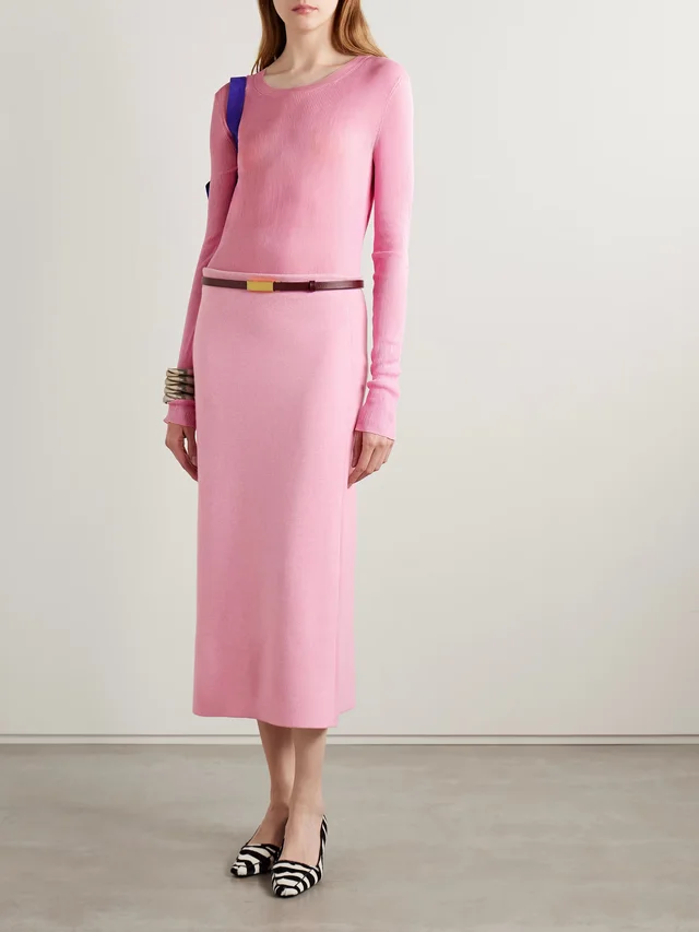 KHAITE Patri wool midi skirt in pink 95% Wool 5% Polyamide, photo 2 of 5 from NET-A-PORTER (Canada)