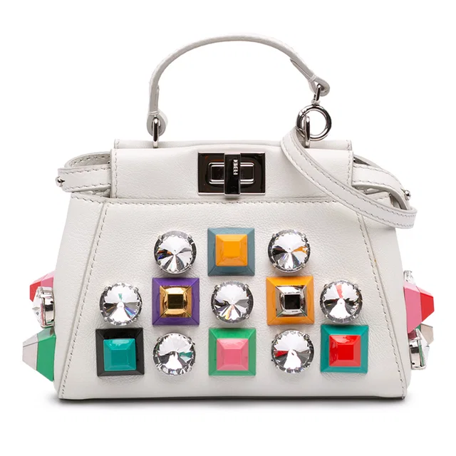 White Fendi Micro Studded Calfskin Peekaboo Iconic Satchel in White Calfskin from Designer Revival