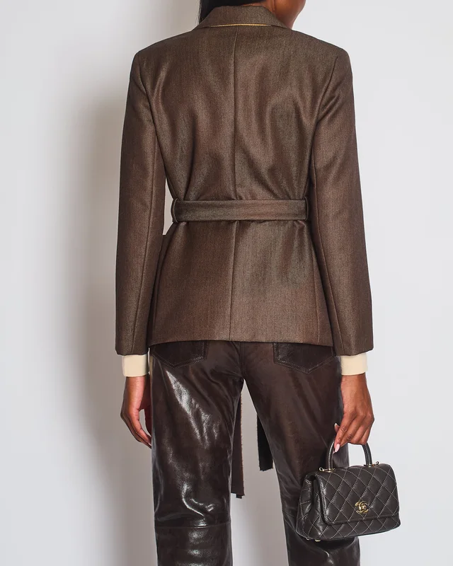 HOT* Hermès Chocolate Brown Wool Blazer with Cashmere Insert Scarf & Belt Detail Size FR 36… in Brown Cashmere from Sellier, photo 6 of 7