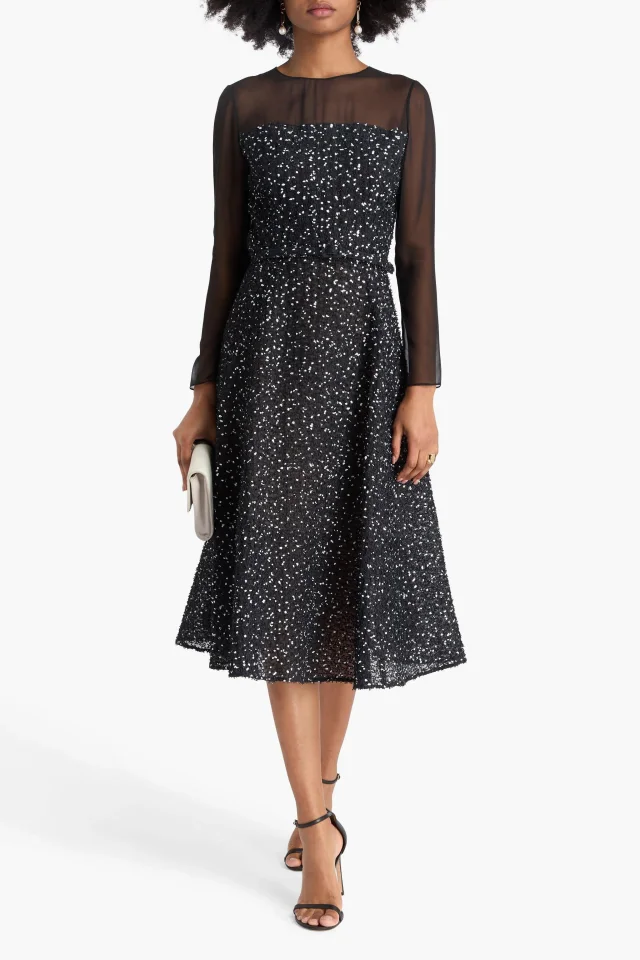 Oscar de la Renta Belted Fil Coupé Chiffon Midi Dress in Black, photo 2 of 4 from THE OUTNET