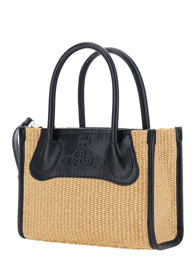 VIVIENNE WESTWOOD 'Troy' Beige Small Handbag with Logo Orb Embossed on the Front and Raffia Effect in Cotton Blend for Women in Beige 58% Cotton 42% Polyamide, photo 4 of 10 from Gaudenzi Boutique