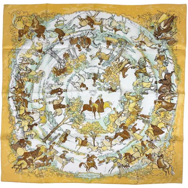 Hermès Carre 90 les Amazones Scarf on Horseback Silk Yellow Multicolor in Yellow Silk from The Reluxe