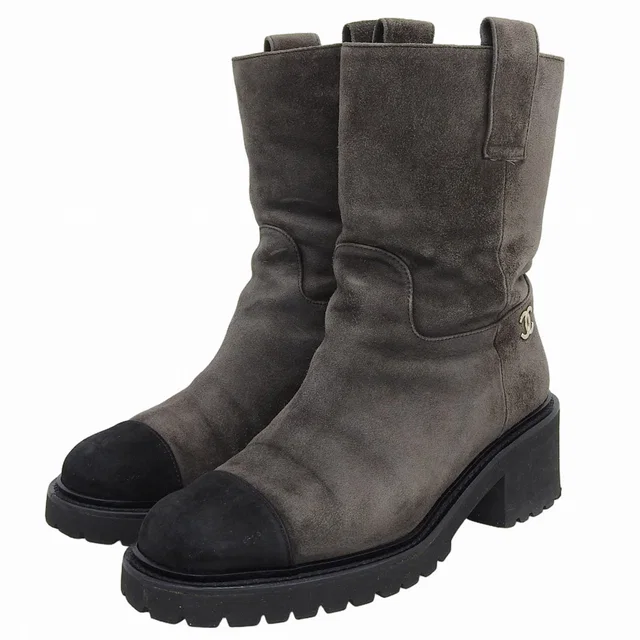 Chanel Suede Logo Plate Short Boots #36 Gray/Black in Black Suede from VINTAGE QOO TOKYO