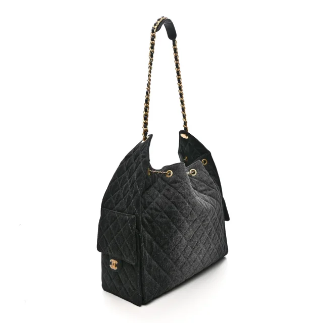 Washed Denim Quilted Large Chanel 25 Handbag Black in Black Denim from FASHIONPHILE, photo 3 of 10