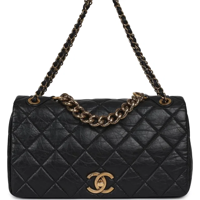 Chanel Medium "Paris-Bombay" Pondicherry Flap Bag Black Aged Calfskin Antique Gold Hardware in Black Calfskin from Madison Avenue Couture