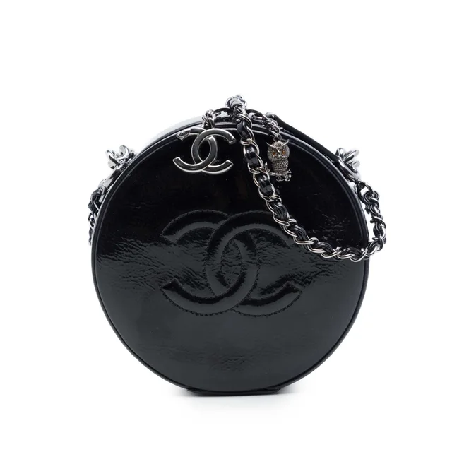 Black Chanel CC Patent Round as Earth Bag Satchel in Black Patent leather from Designer Revival