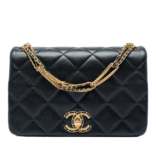 Black Chanel Small Quilted Lambskin On And On Chain Flap Shoulder Bag in Black Lambskin from Designer Revival