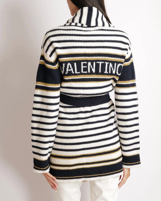 Valentino Garavani Navy and Cream Striped Wool Knitted Belted Cardigan with Shimmery Gold Details and Back Logo… in White Wool from Sellier