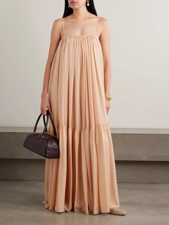 CHLOÉ Ruched tiered silk maxi dress in pastel pink 100% Silk, photo 2 of 4 from NET-A-PORTER (Canada)