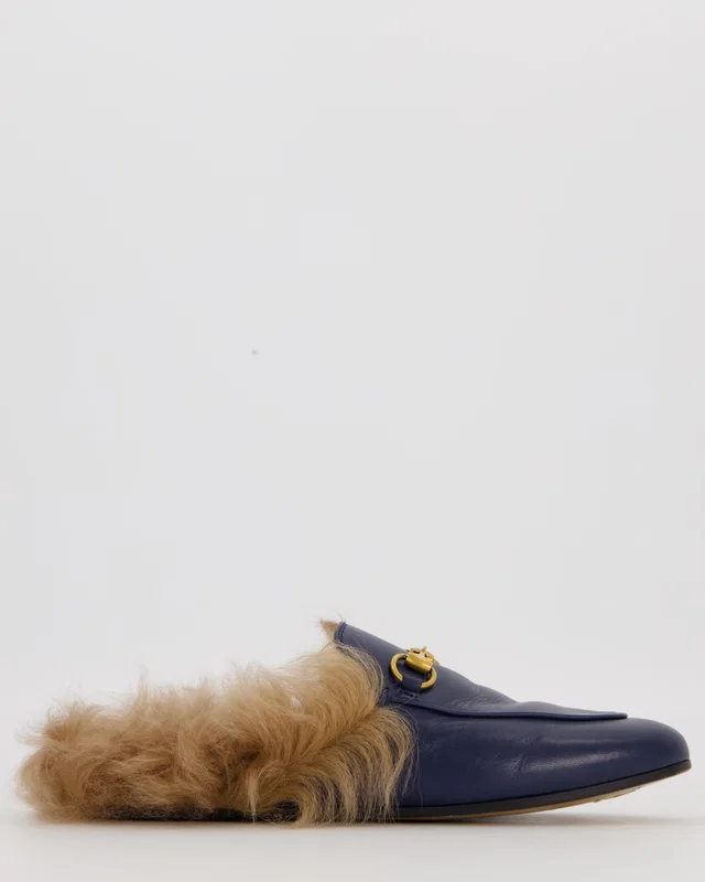 Gucci Navy Leather With Fur-Lined Princetown Mules With Gold Horsebit Hardware Size EU 35 in Navy Leather from Sellier