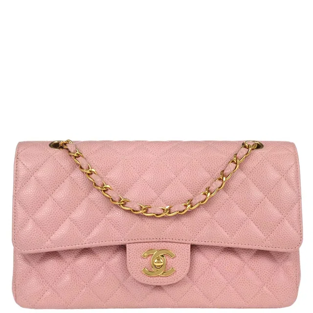 Chanel 2003-2004 Pink Caviar Medium Double Flap Shoulder Bag in Pink Caviar leather from AMORE Vintage Tokyo