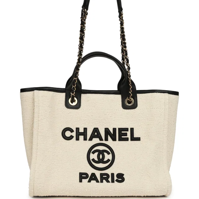 Chanel Small Deauville Shopping Tote Ecru Bouclé Tweed, Black Calfskin Gold Hardware in Black Calfskin from Madison Avenue Couture