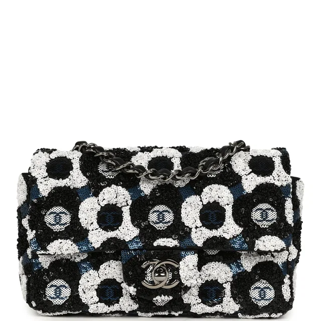 Chanel Mini Rectangular Flower Flap Bag Black, Navy, White Sequin Ruthenium Hardware in Black Leather from Madison Avenue Couture