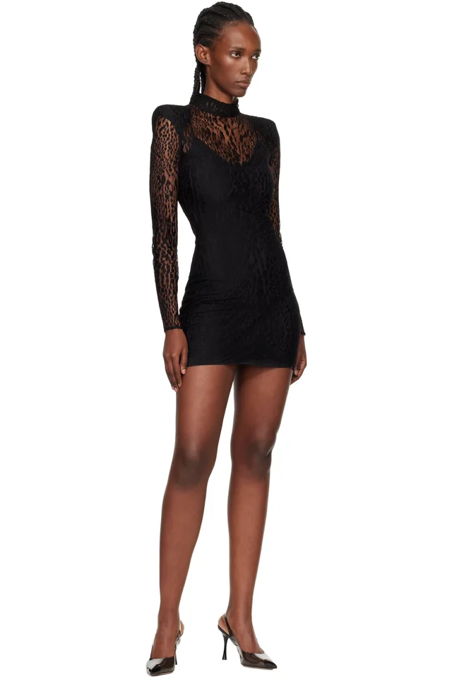 BALMAIN Black Leopard Pattern Lace Minidress, photo 4 of 4 from SSENSE