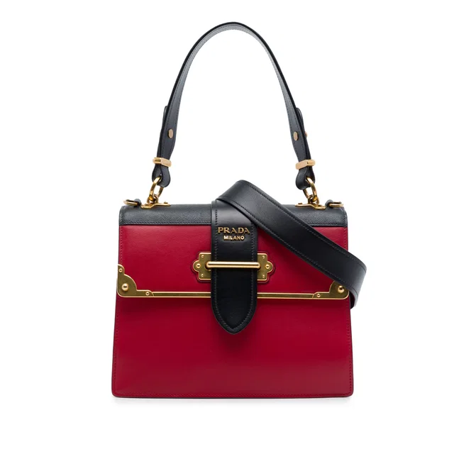 Black Prada Saffiano Trimmed City Calf Cahier Satchel in Black Saffiano leather from Designer Revival