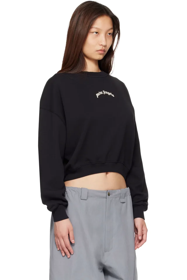 Palm Angels Black Curved Logo Crop Sweatshirt, photo 2 of 4 from SSENSE