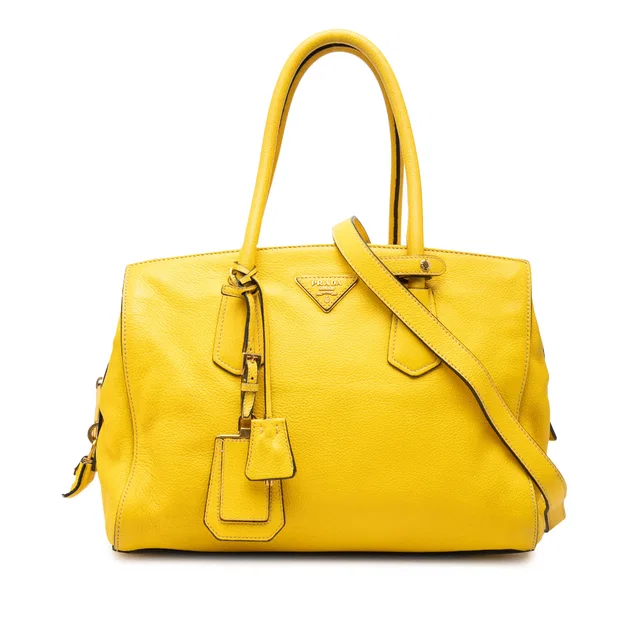 Yellow Prada Vitello Daino Zip Top Satchel in Yellow Leather from Designer Revival