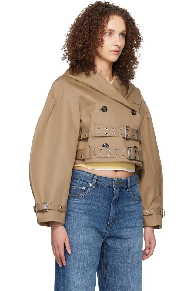 GANNI Tan Bonded Cotton Short Trench Jacket, photo 2 of 3 from SSENSE
