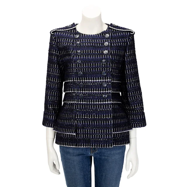 Chanel Striped Tweed Military Style Jacket FR 42 in Blue & Black Tweed from Blue Spinach
