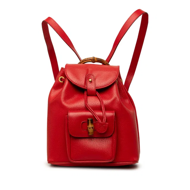Red Gucci Calfskin Bamboo Drawstring Backpack in Red Calfskin from Designer Revival