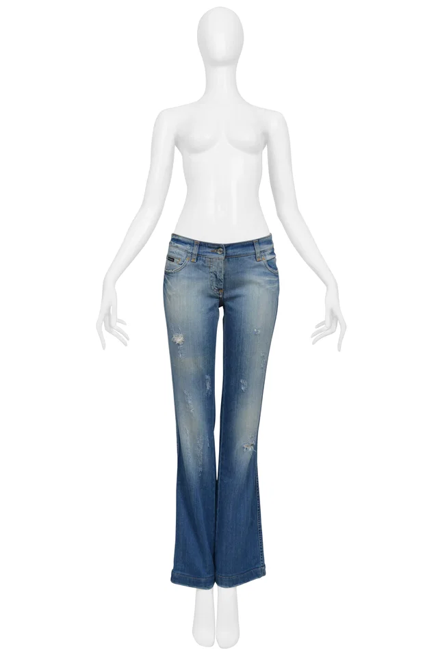 Distressed Blue Denim Jeans With Rhinestone D&G Badge in Blue Denim from Resurrection Vintage