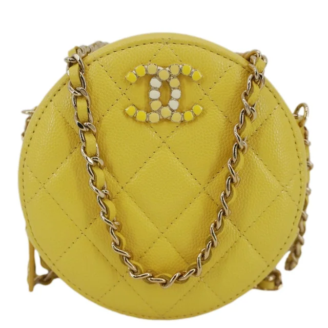 Chanel Crystal CC Round Quilted Caviar Leather Chain Crossbody Bag Yellow in Yellow Caviar leather from Dallas Designer Handbags
