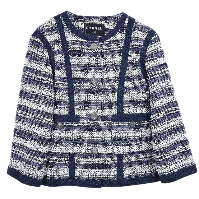 Chanel 2013 Single Breasted Collarless Tweed Jacket Navy #36 in Navy Tweed from AMORE Vintage Tokyo