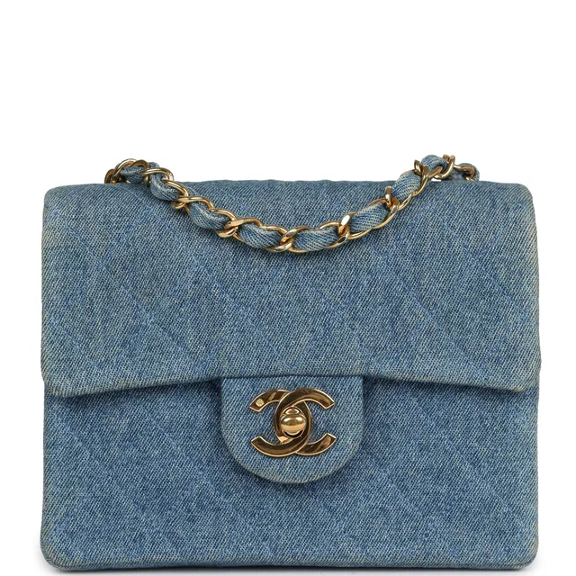 Chanel Vintage Mini Square Flap Bag Blue Denim Gold Hardware in Blue Denim from Madison Avenue Couture