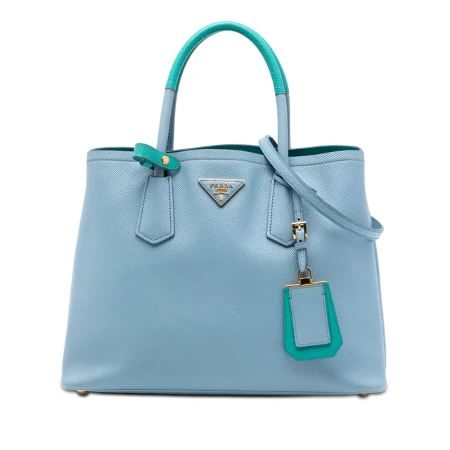 Blue Prada Medium Bicolor Saffiano Cuir Double Satchel in Blue Saffiano leather from Designer Revival