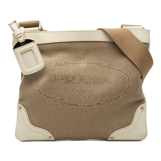 Beige Prada Canvas Canapa Logo Crossbody in Beige Canvas from Designer Revival