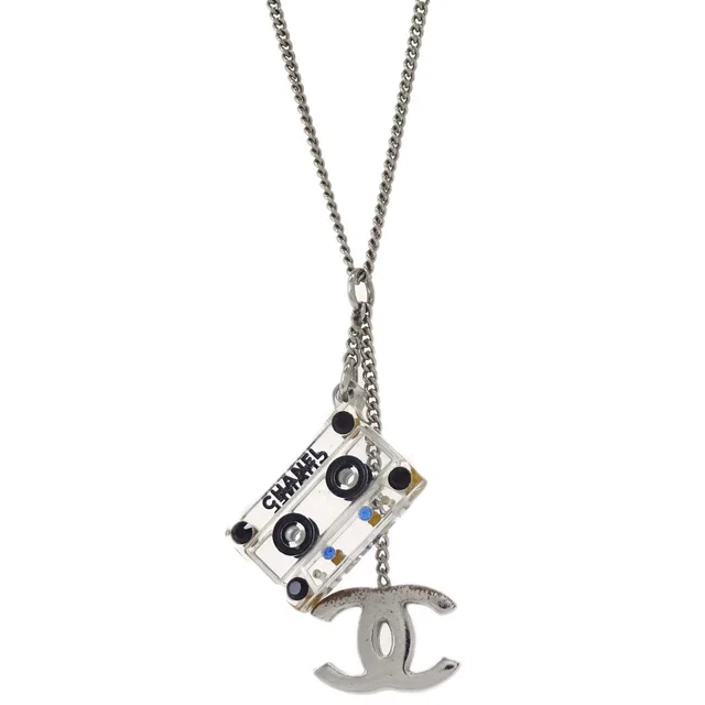 Chanel CC Cassette Tape Chain Pendant Necklace Rhinestone Silver 04P in Silver Resin from AMORE Vintage Tokyo