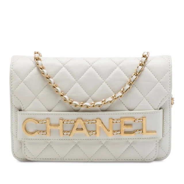 White Chanel Quilted Calfskin Enchained Flap Wallet on Chain Crossbody Bag in White Calfskin from Designer Revival
