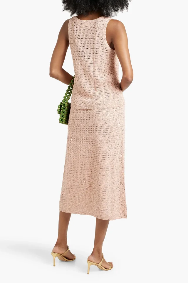 Carolina Herrera Metallic Embellished Pointelle-Knit Cotton-Blend Midi Skirt in Pink, photo 3 of 4 from THE OUTNET