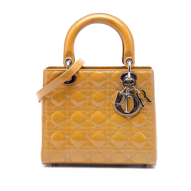 Yellow Dior Medium Patent Cannage Lady Dior Satchel in Yellow Patent leather from Designer Revival