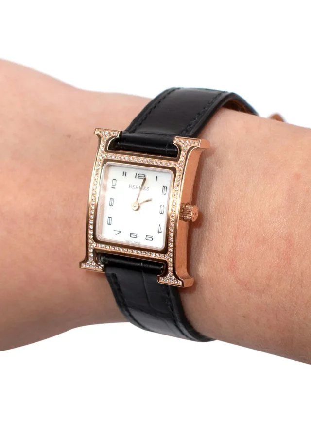 Hermès Black Alligator and Diamond Heure H Watch in Black Crocodile from HEWI, photo 4 of 10