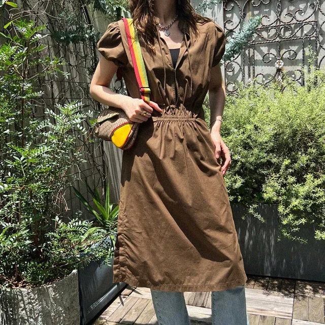 Gucci Cotton puff-sleeve dress #46 Brown from VINTAGE QOO TOKYO