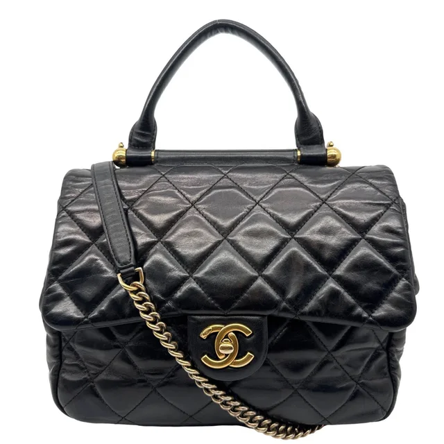 Chanel Gold Bar Top Handle Flap Medium Quilted Calfskin Leather Shoulder Bag Black in Black Calfskin from Dallas Designer Handbags