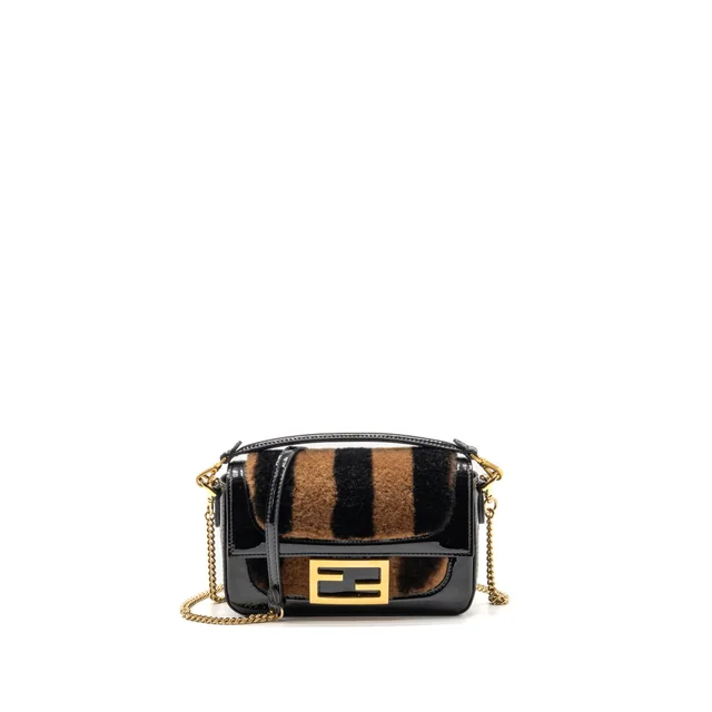 Fendi mini Baguette bag shearling Paquin/patent leather black/brown GHW in Black Patent leather from EMIER