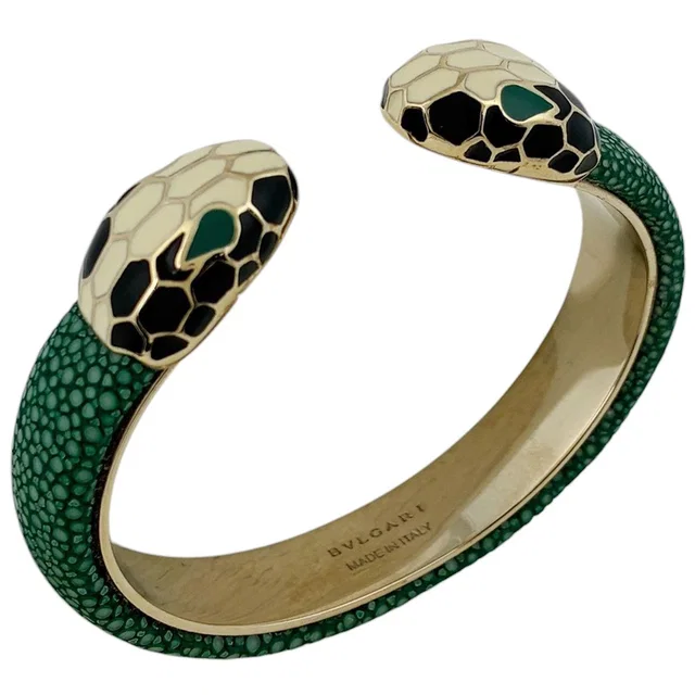 Bvlgari Serpenti Forever Leather Bracelet Bangle Garusha Gold Green in Green Leather from The Reluxe